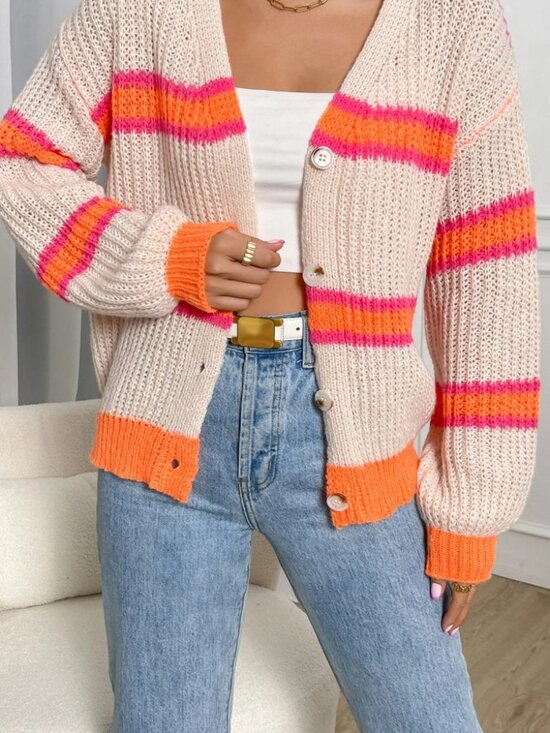 Sweaters - Cream Knit Cardigan with Pink & Orange Stripe Trim
